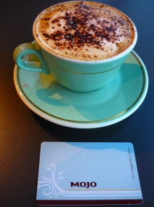 My early morning cappuccino and the Mojo VIP card which gives a 10% discount